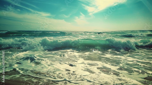 the concept of World Ocean Day. Beautiful nature landscape. World Water Day. A vast ocean with waves, turquoise water, and a clear sky in the distance. 