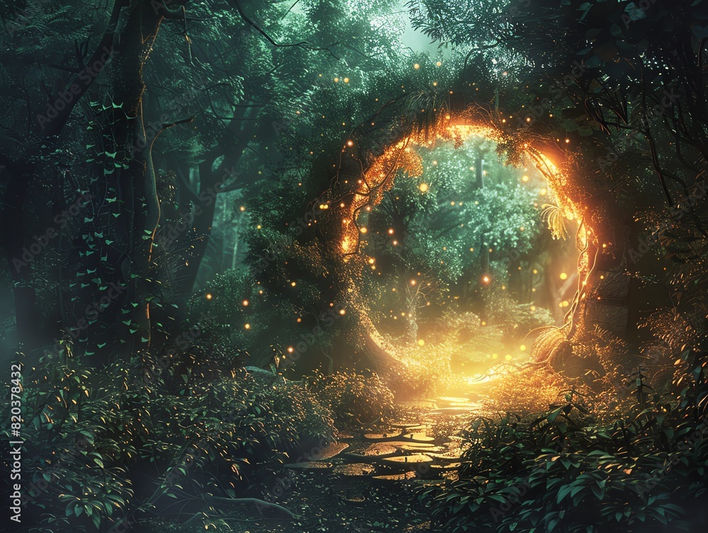 Obraz premium A mystical portal in an enchanted forest, glowing with ethereal light and surrounded by magical creatures