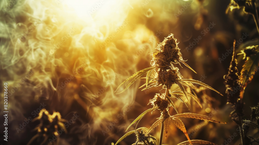 Obraz premium Cannabis plant with smoke rising in the background, sun rays shining through leaves