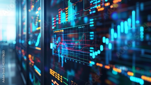 Abstract data visualization of an office server room with digital charts and graphs on the screen  representing business technology and financial equipment.