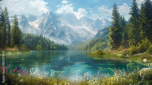 A serene mountain landscape with a crystal-clear lake  surrounded by tall pine trees and wildflowers