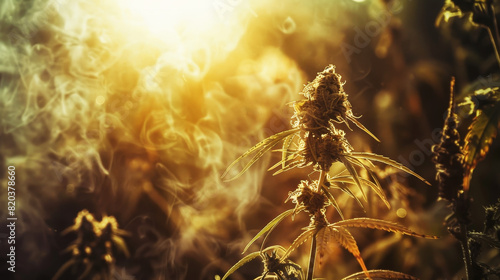 Cannabis plant with smoke rising in the background, sun rays shining through leaves photo