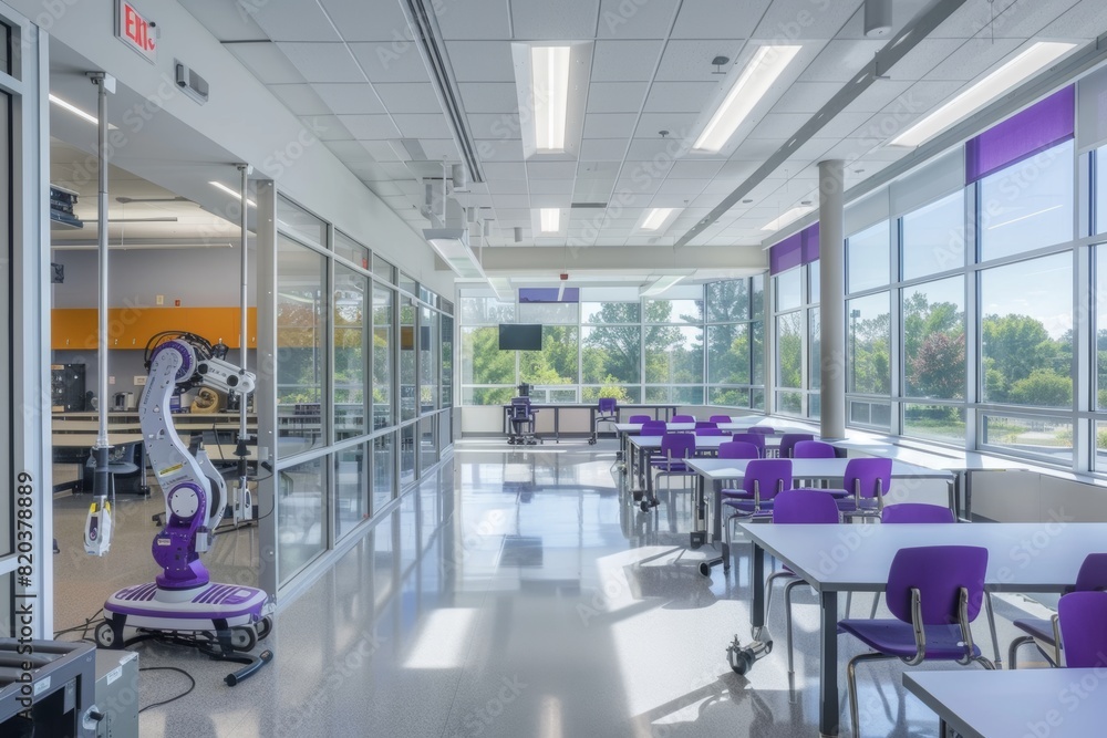 Empty, brightly lit modern high school classroom with purple chairs and white desks in the center of the frame. Empty, brightly lit modern high school classroom with purple chairs and white desks in the center of the frame.