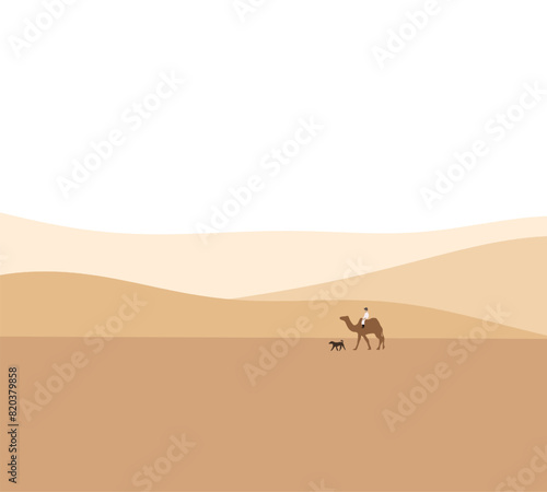 Man riding camel with dog walking in desert with sand dune background. Travel  life style  vacation activities and adventure concept