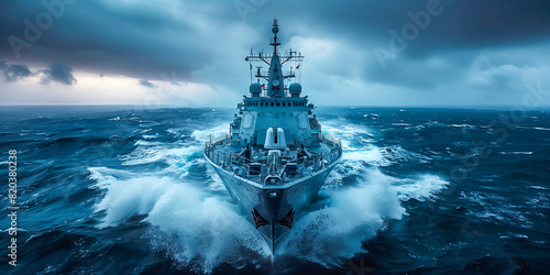 Modern battleship on stormy seas
