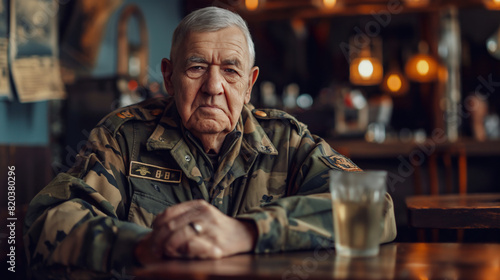 a veteran is sitting pensive while drinking coffee in a restaurant photo