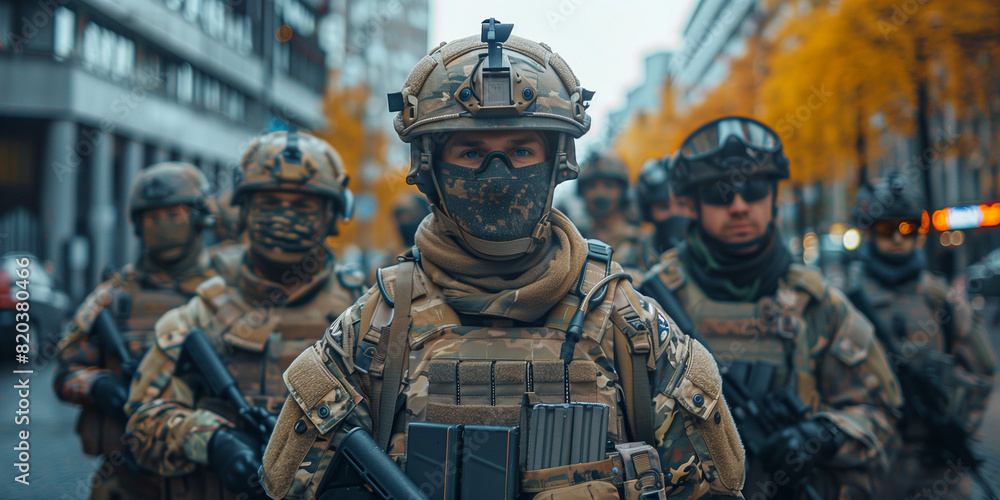 Soldiers on street patrol in full combat gear Soldiers on street patrol in full combat gear