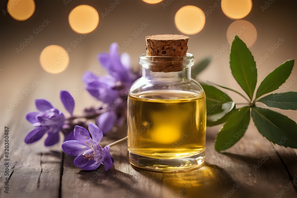 Aromatherapy lavender oil on a wooden table with some la flowers Aromatherapy lavender oil on a wooden table with some la flowers