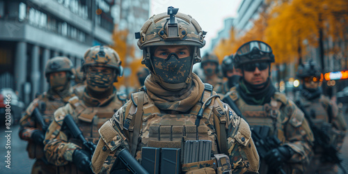 Soldiers on street patrol in full combat gear photo