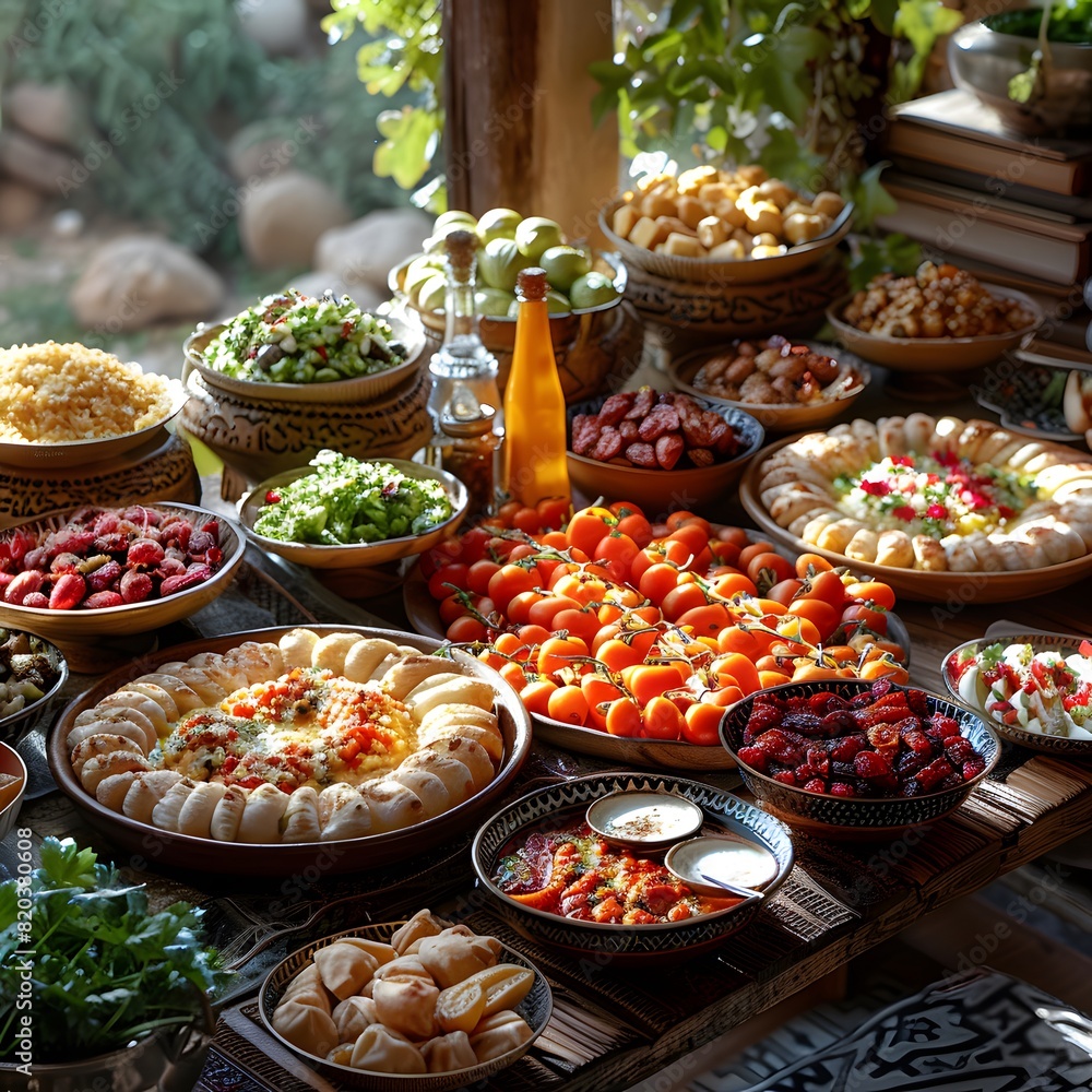 Traditional iftar meal spread on a dining table with dates, fruits, and various dishes, ready for breaking the fast. List of Art Media Photograph inspired by Spring magazine