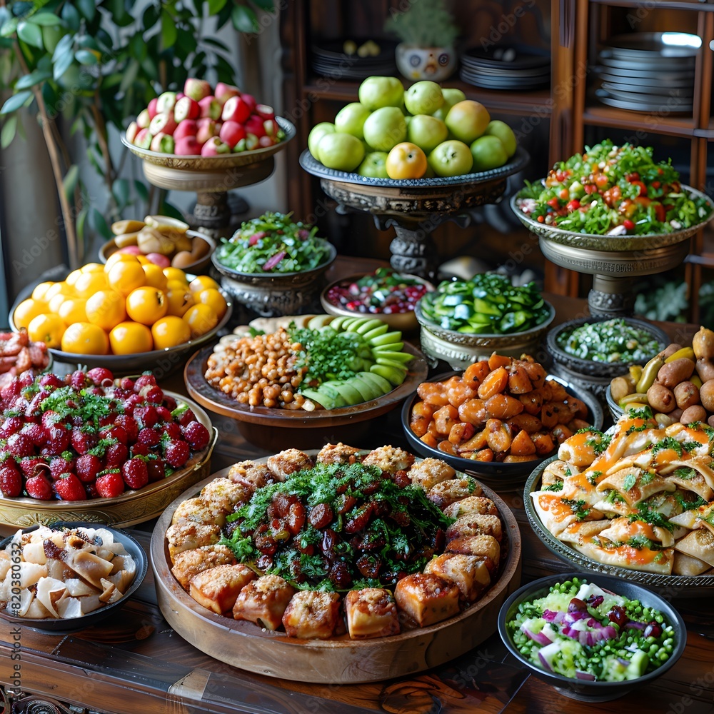 Traditional iftar meal spread on a dining table with dates, fruits, and various dishes, ready for breaking the fast. List of Art Media Photograph inspired by Spring magazine Traditional iftar meal spread on a dining table with dates, fruits, and various dishes, ready for breaking the fast. List of Art Media Photograph inspired by Spring magazine