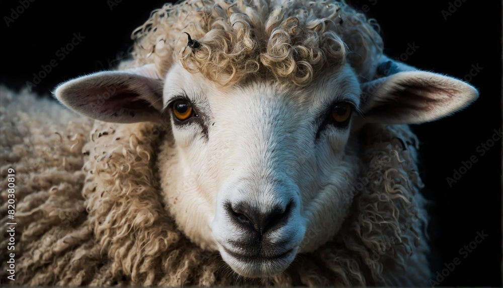 sheep close up portrait on plain black background from Generative AI