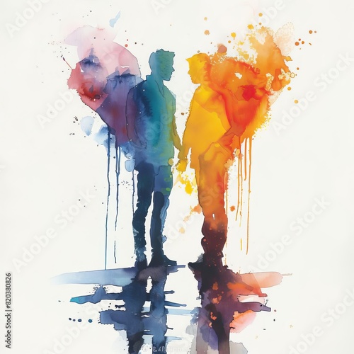 Two watercolor figures of men, holding hands, walking away from the viewer, with a paint splatter background in the colors of the rainbow. photo