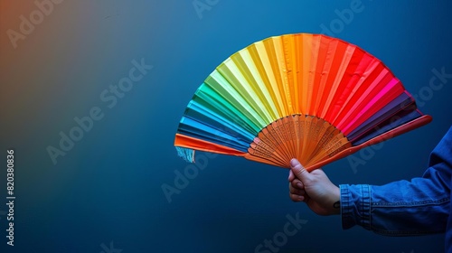 Arm of homosexual man holding a fan with the colors of the rainbow flag