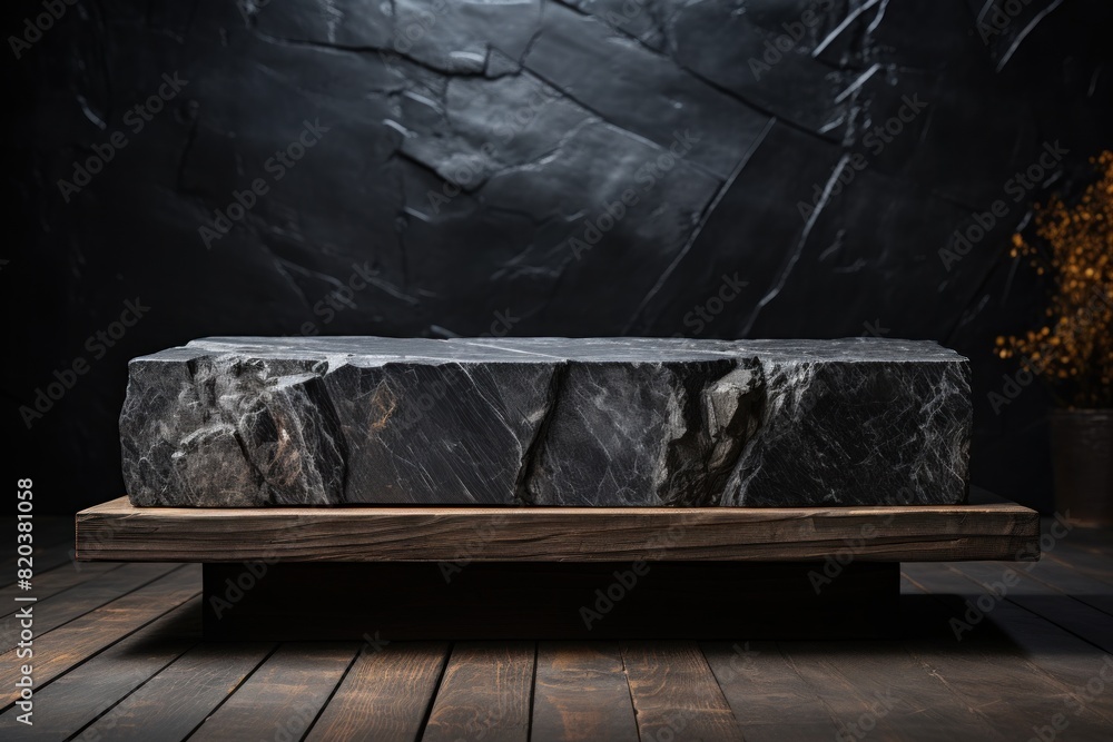 Product display, empty Black Marble podium display stand for product display against a backdrop of black rock boulder. Product display, empty Black Marble podium display stand for product display against a backdrop of black rock boulder.