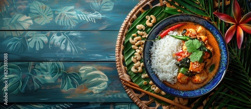 Authentic Isaan Meal with Sticky Rice on Rich Indigo Fabric Evoking Thai Culture and Gastronomy