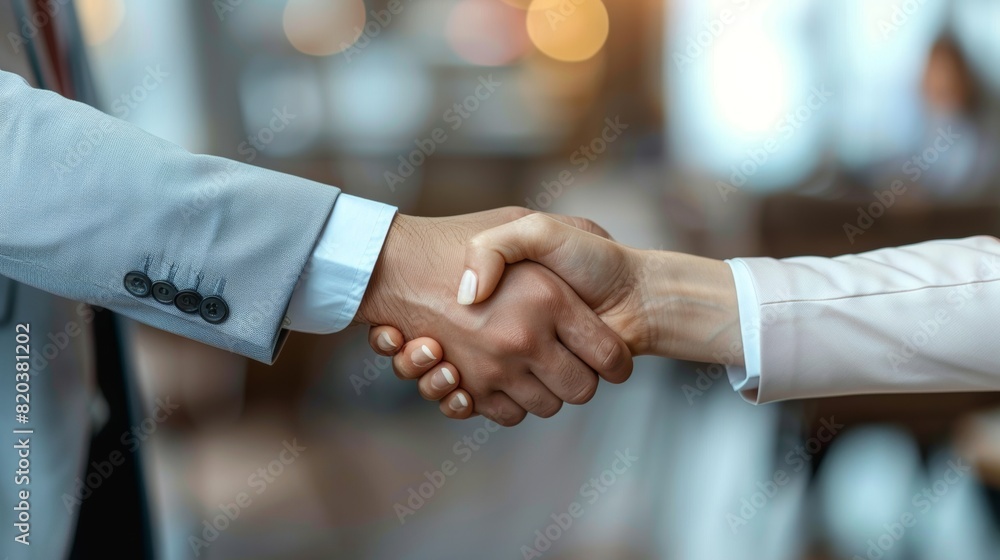 Female and Male Business Partners Meet in Office, Shake Hands. Corporate CEO and Finance Manager Have Meeting in City Office. Businesspeople Came to Discuss Real Estate Purchase and Marketing