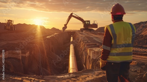 Construction Worker Observing Pipe in Long Ditch with Digging Machinery photo