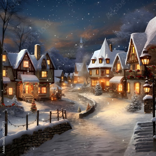 Winter night in the village. Christmas and New Year background. Digital painting. © Iman