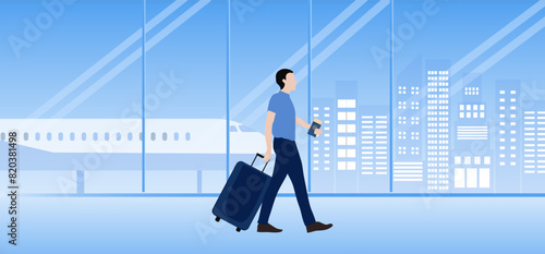 Travel aboard concept, Woman with travelling bag walking at the airport vector illustration.