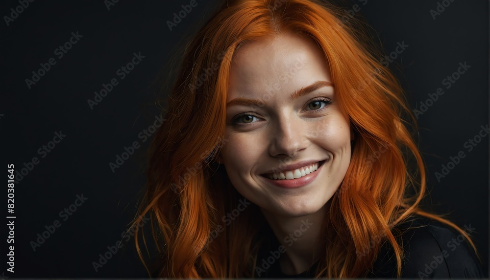 smiling orange haired model woman close up portrait on plain black background from Generative AI smiling orange haired model woman close up portrait on plain black background from Generative AI