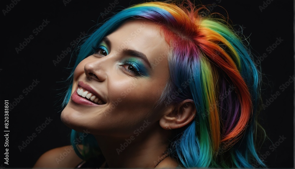smiling rainbow haired model woman close up portrait o on plain black background from Generative AI smiling rainbow haired model woman close up portrait o on plain black background from Generative AI