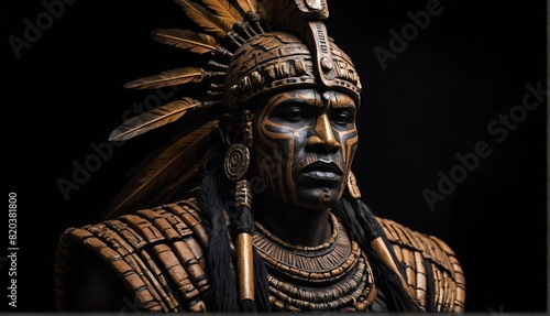 tribal warrior statue close up portrait on plain black background from Generative AI © Arceli