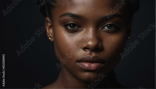 young beautiful black model woman close up portrait on plain black background from Generative AI © Arceli