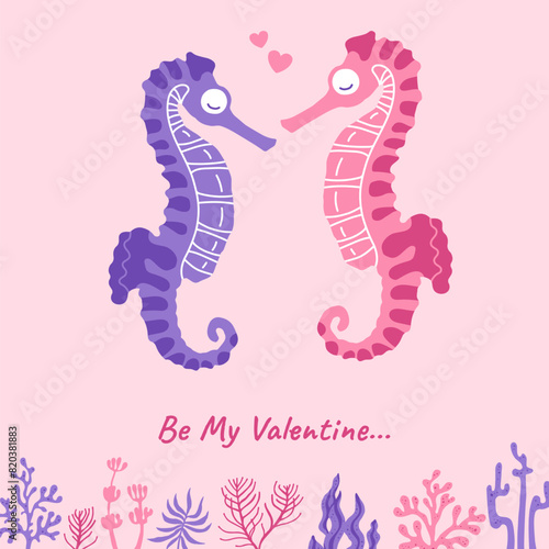 St. Valentines Day greeting card with sea horse. Ocean animal couple of seahorses funny flat cartoon valentine design. Comic cute drawing postcard. Marine animal hand drawn art vector illustration © neliakott
