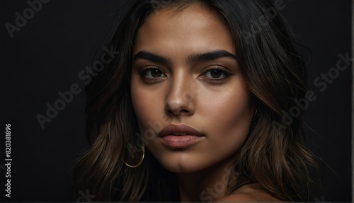 young beautiful hispanic model woman close up portrait on plain black background from Generative AI