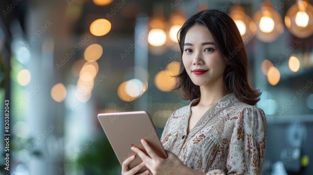 Successful Businesswoman in Stylish Dress Using Tablet Computer, Standing in Modern Diverse Office Working on Financial, Business and Marketing Projects. Portrait of Beautiful Asian Manager. Stock Successful Businesswoman in Stylish Dress Using Tablet Computer, Standing in Modern Diverse Office Working on Financial, Business and Marketing Projects. Portrait of Beautiful Asian Manager. Stock
