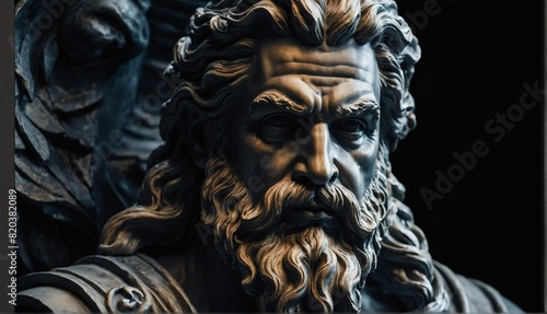 zeus greek god statue close up portrait on plain black background from Generative AI