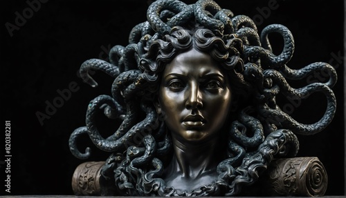 medusa statue close up portrait on plain black background from Generative AI photo