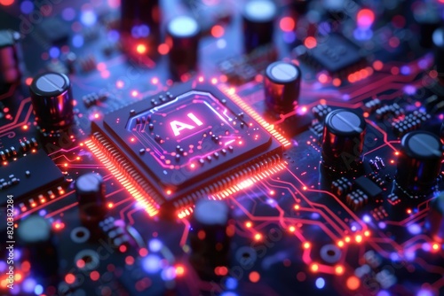 Artificial Intelligence (AI) concept, Abstract AI processor and quantum computer background.