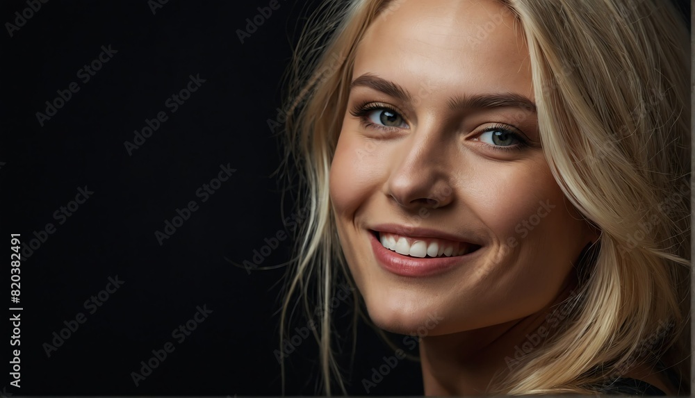smiling beautiful blon plain black background from Generative AI smiling beautiful blon plain black background from Generative AI