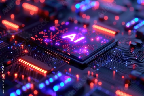 Artificial Intelligence (AI) concept, Abstract AI processor and quantum computer background.