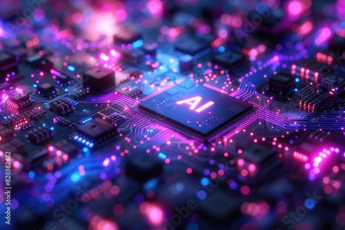 Artificial Intelligence (AI) concept, Abstract AI processor and quantum computer background.