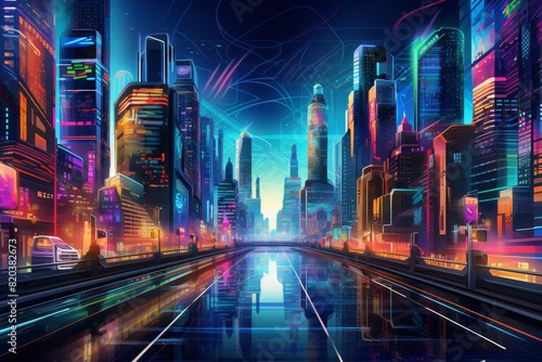 Neon cityscape with futuristic lights photo