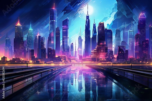 Neon cityscape with futuristic lights
