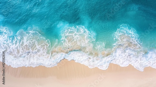 the concept of World Ocean Day. Beautiful nature landscape. World Water Day. Beautiful ocean waves and white sand  view from above.