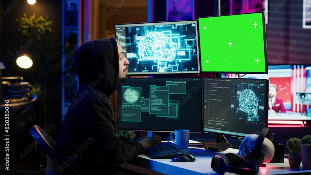 Hacker using green screen PC and AI to find unpatched connections and steal data. Scammer using artificial intelligence and chroma key computer to compromise digital devices, camera A Hacker using green screen PC and AI to find unpatched connections and steal data. Scammer using artificial intelligence and chroma key computer to compromise digital devices, camera A