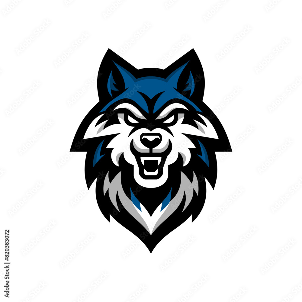 Fierce Blue Wolf Head Logo, Intense Eyes and Sharp Teeth Monochrome Sports Mascot Design Fierce Blue Wolf Head Logo, Intense Eyes and Sharp Teeth Monochrome Sports Mascot Design