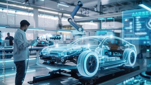 An electric vehicle battery unit in a modern industrial factory.  EV trends. Production factory.