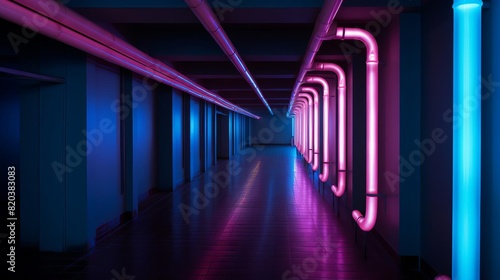 Neon light tubes in a dark corridor