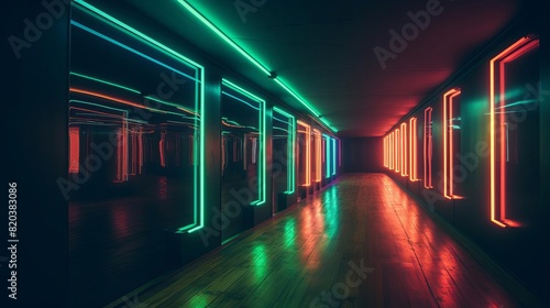 Neon light tubes in a dark corridor photo
