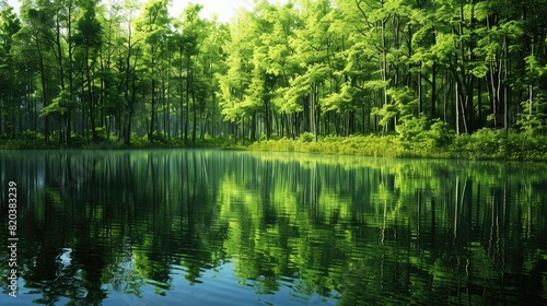 Environmental conservation concept with forest and lake