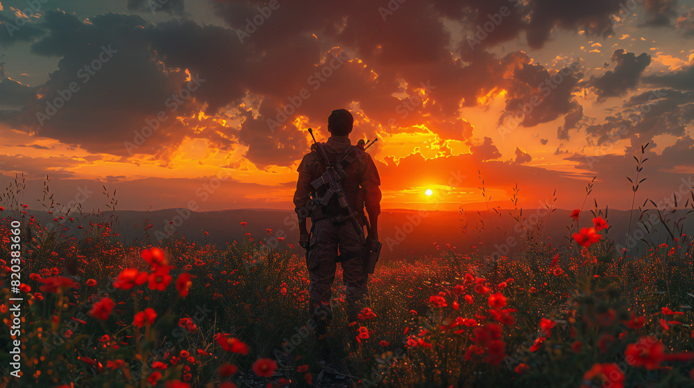 Fototapeta premium Patriotic Concept: Soldier & US Flag at Sunrise