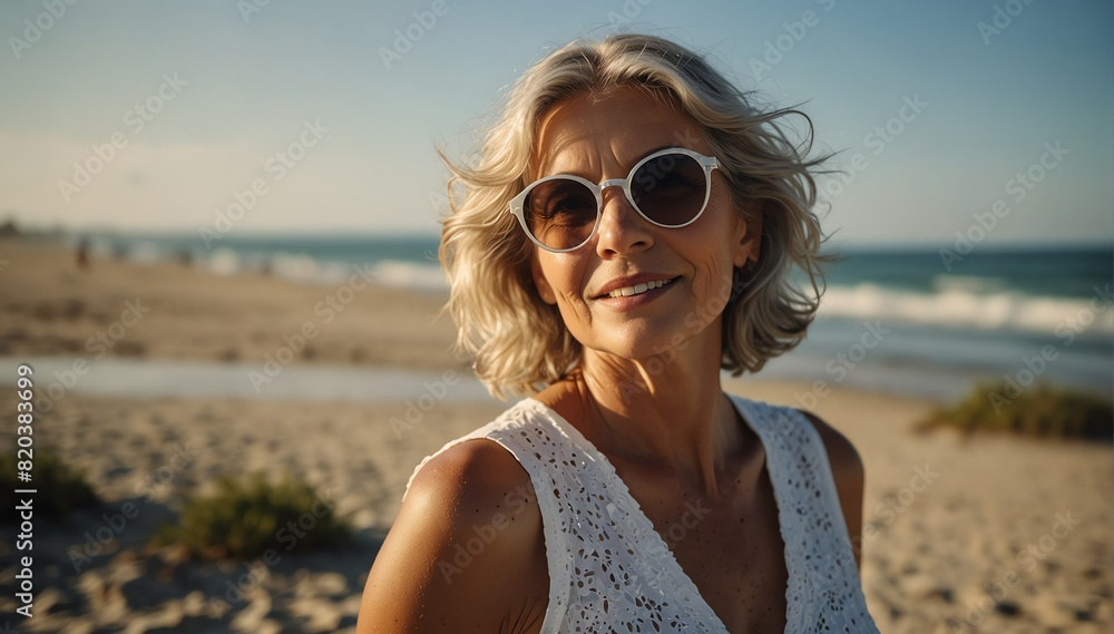 beautiful senior woman portrait on summer beach vacation with sunglasses and bright sunshine from Generative AI beautiful senior woman portrait on summer beach vacation with sunglasses and bright sunshine from Generative AI