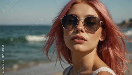 beautiful pink haired woman portrait on summer beach vacation with sunglasses and bright sunshine from Generative AI © Arceli