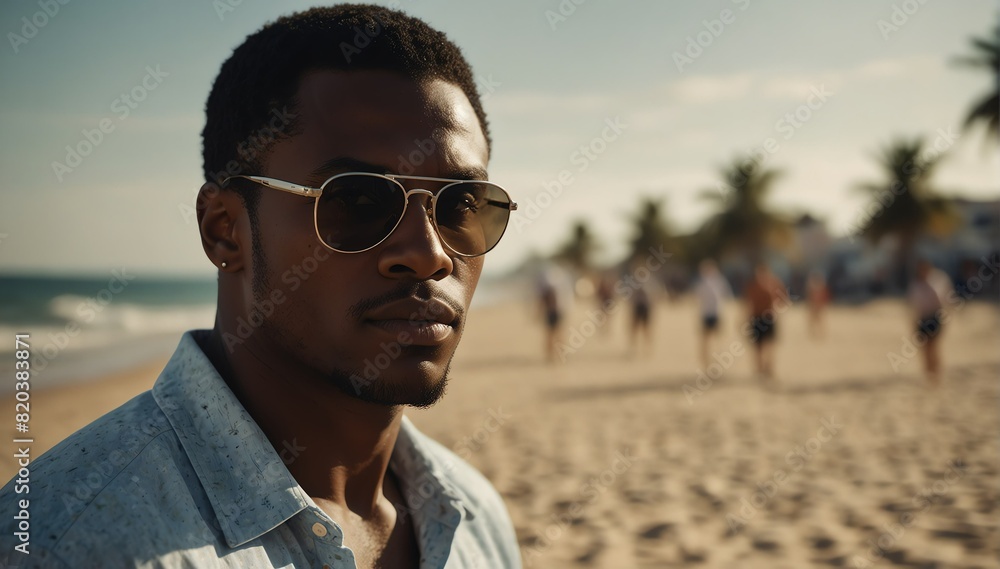 handsome black guy portrait on summer beach vacation with sunglasses and bright sunshine from Generative AI